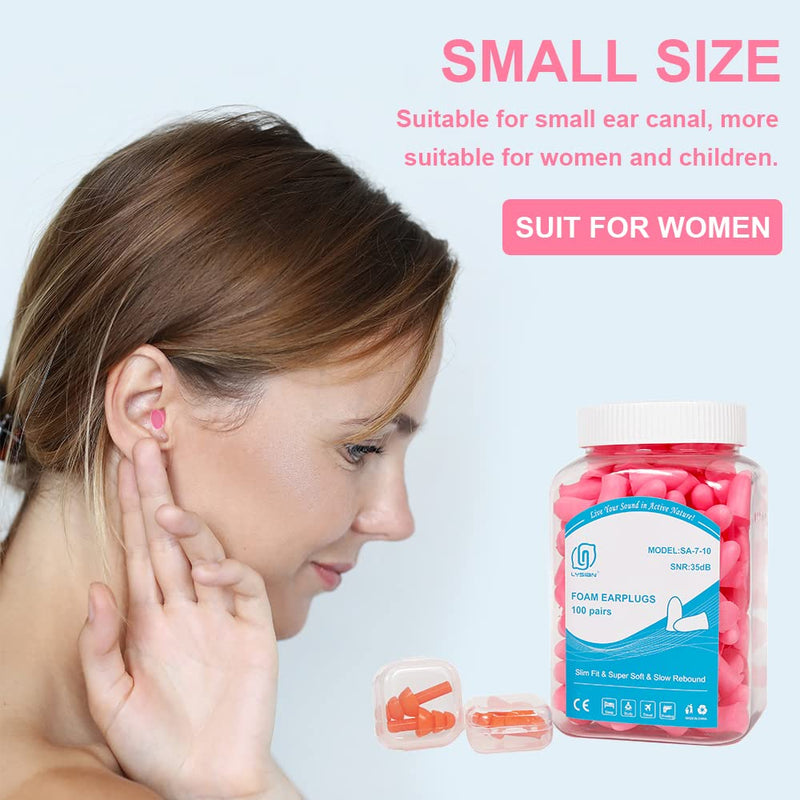 [Australia] - Slim Size Foam Ear Plugs for Small Ear Canals Women, Kids, 100 Pairs, 35dB SNR Noise Canceling Sound Blocking Reduction Earplugs for Sleeping, Snoring, Work, Shooting, Studying, Loud Noise, Pink 