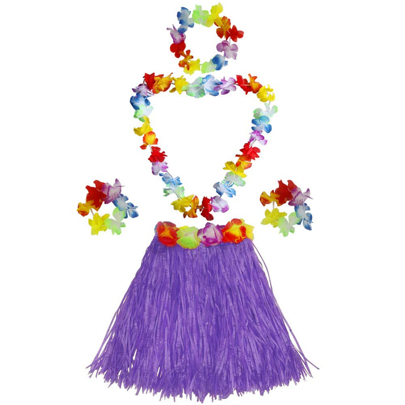 [Australia] - Girl's elastic Hawaiian hula dancer grass skirt with flower costume set -purple Birthday Tropical Party Decorations 