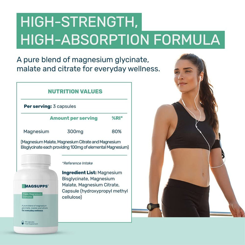 [Australia] - MAGSUPPS Triple Magnesium Complex - 300mg of Pure Magnesium Glycinate, Malate, & Citrate for Muscles, Sleep, Calm, & Energy - 40 Servings - 120 Capsules - UK Made - No Fillers 