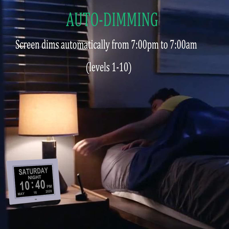 [Australia] - Johnziny 【2022 Newest Version】 Digital Day Calendar Clock- 8 Alarms,Dementia Clocks Display Non-Abbreviated Date Day Time Month, Vision Impaired Clock for Seniors Memory Loss Alzheimer 8" White 