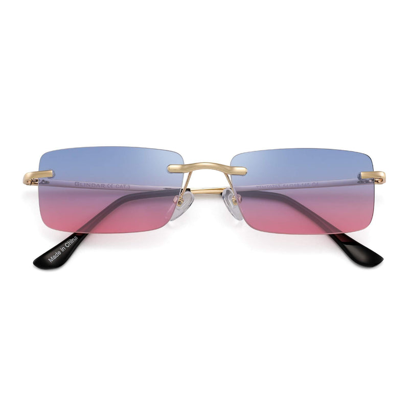 [Australia] - GLINDAR Vintage Rectangular Sunglasses Slender Rimless Clear Eyewear Spring Hinge Gold Frame / Blue Pink Lens 