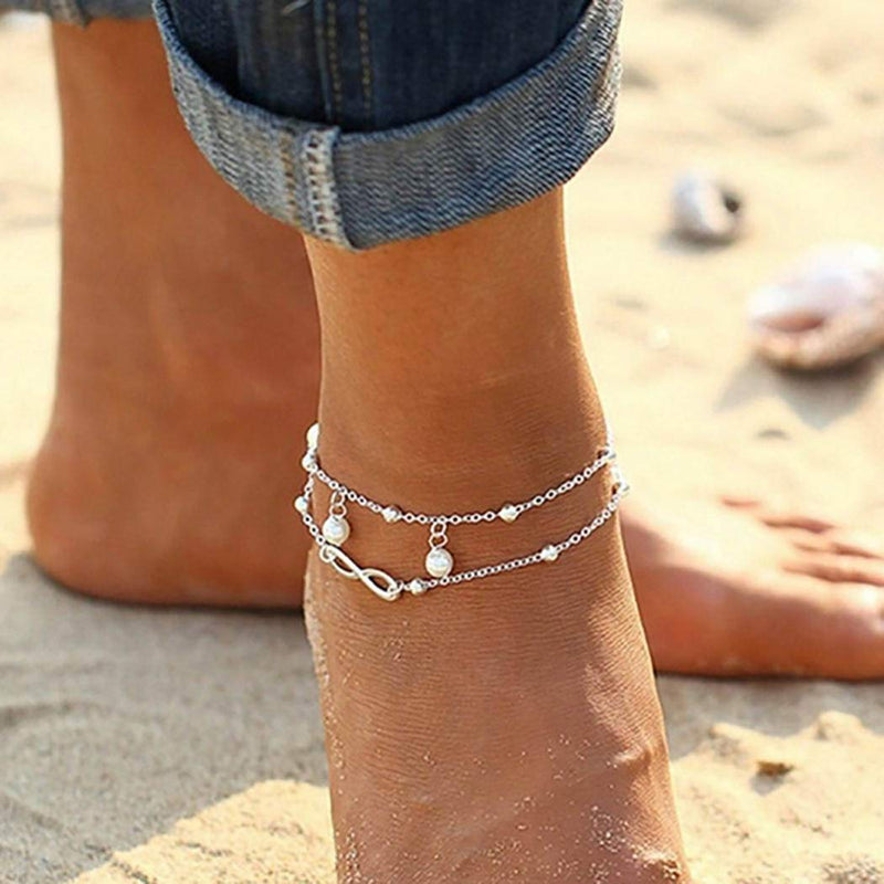 [Australia] - Zoestar Beach Pearl Anklet Bracelet Eternal Foot Jewelry Accessories for Women and Girls (Silver) Silver 