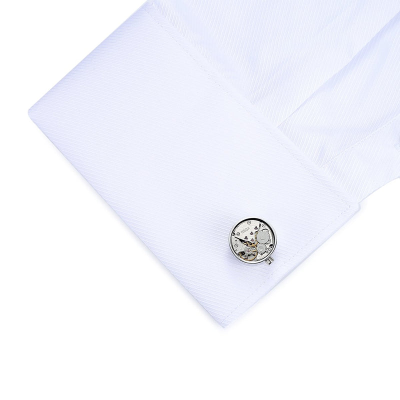 [Australia] - HONEY BEAR Cufflinks Mens Vintage Watch Movement Steampunk for Wedding Gift Silver 