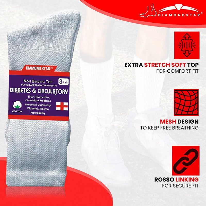 [Australia] - Diamond Star Diabetic Socks, Non-Binding Circulatory Cushion Cotton Crew Diabetic Socks for Men Women 3 Pairs White 13-15 