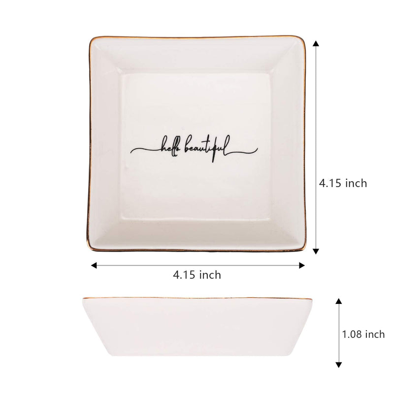 [Australia] - Jewelry Dish Square Ceramic Trinket Tray Gold Office Decor Home Ring Inspirational Storage Hand Lettered Heart Motivational - Hello beautiful Style 2 