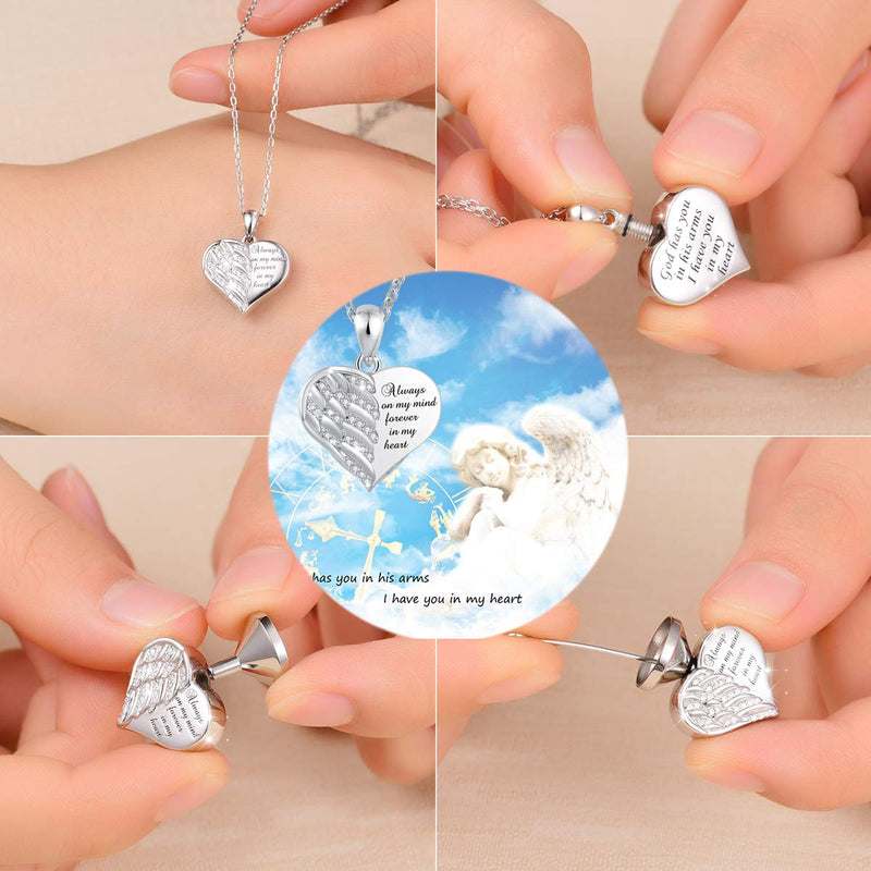 [Australia] - FREECO 925 Sterling Silver Urn Necklace for Ashes - Angel Wing Heart Cremation Memorial Pendant Keepsake Necklace Jewelry Gifts with Fill Kit 18.0 Inches 