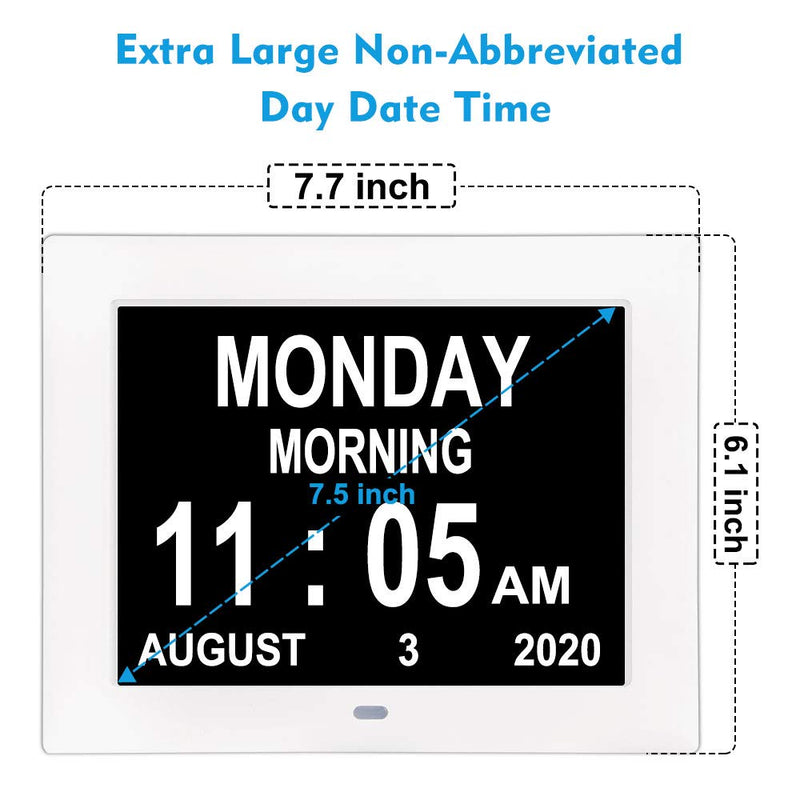 [Australia] - [2022 Newest] 7.5 INCH Digital Calendar Day Clock 8 Alarm Reminders Brightness Level 1-10 Extra Large Non-Abbreviated Date Time Day of The Week Demenita Clocks for Senior Elderly Patients 7.5" White 