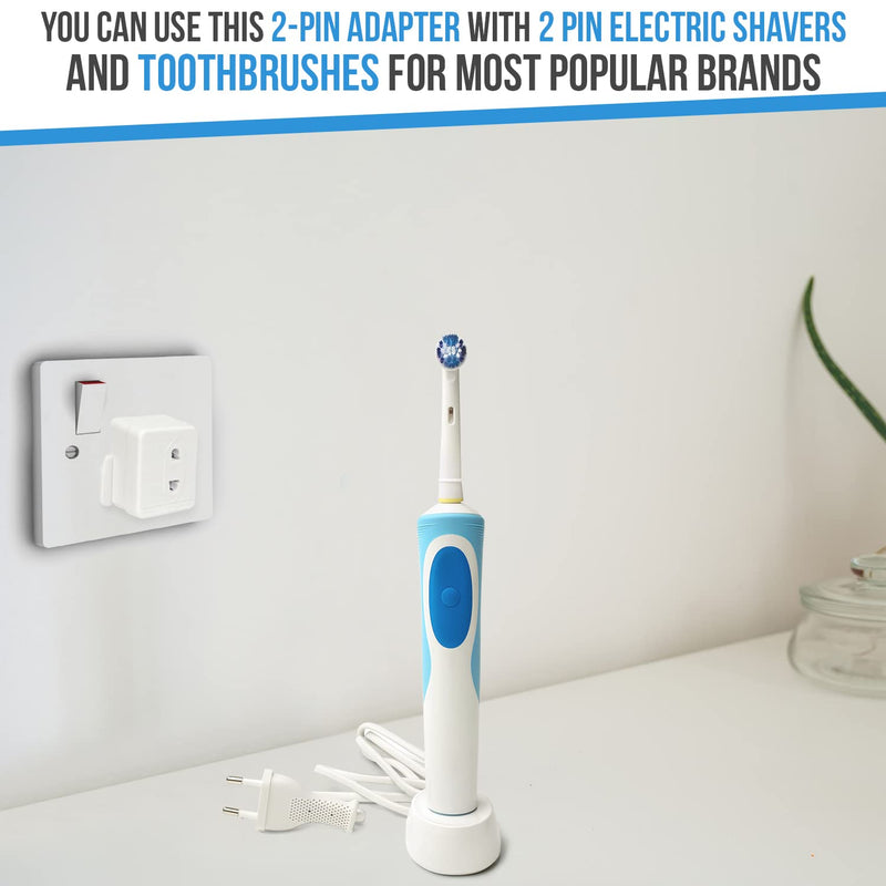 [Australia] - Invero® 2x Pack of Shaver Adaptor UK 3 Pin to 2 Pin Socket Plug Fuse ideal for Electric Toothbrush, Bathroom Shaving and more - White 