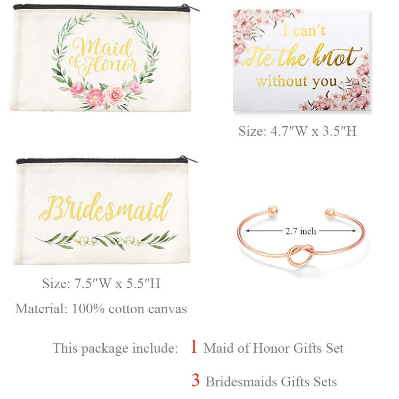 [Australia] - Bridesmaid Canvas Cosmetic Pouches for Wedding Favors Rose Bracelet Set of 4 C 1Maid + 3 Bridesmaids Gift Set of 4 
