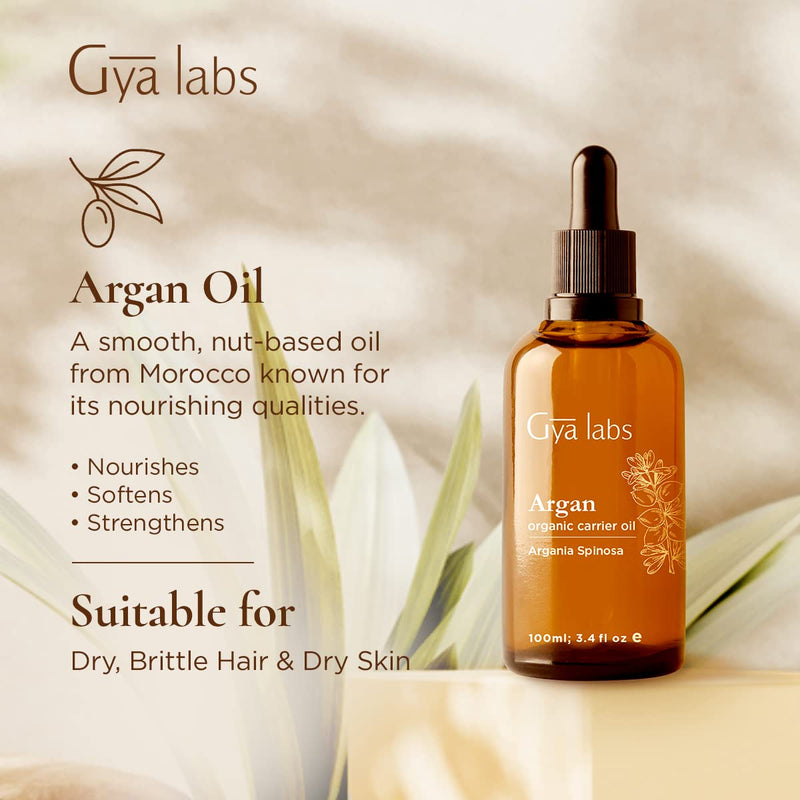 [Australia] - Gya Labs Organic Argan Carrier Oil For Dry Skin & Thinning Hair (100ml) - Therapeutic Grade Moroccan Argan Oil - Perfect for Dewy Skin & Hair Growth - Use on Skin and Hair 100 ml (Pack of 1) 