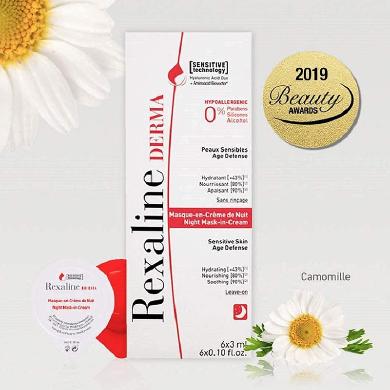 [Australia] - Rexaline Derma - Night Mask-in-Cream - Soothing & Nourishing - Hydrating night mask with Hyaluronic Acid - Sensitive skin - Travel size repairing face cream - Cruelty Free - 6 capsules x 3 ml 700227 