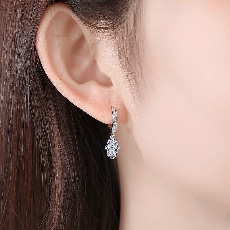 [Australia] - Blue Hamsa Hand Evil Eye Hoop Earrings for Protection Sterling Silver 925 Cubic Zirconia for Women 