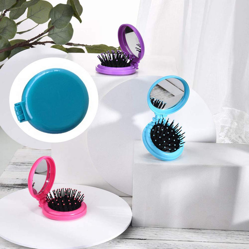 [Australia] - 4 Pcs Round Travel Hair Brush with Mirror Folding Pocket Hair Brush Mini Hair Comb Compact Travel Size Hair Massage Combor for Women and Girls 