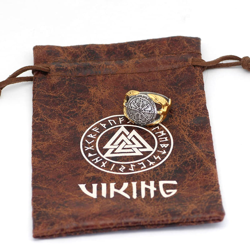 [Australia] - stainless steel viking raven helm of awe nordic ring viking jerwelry with valkut gift bag Silver 9 