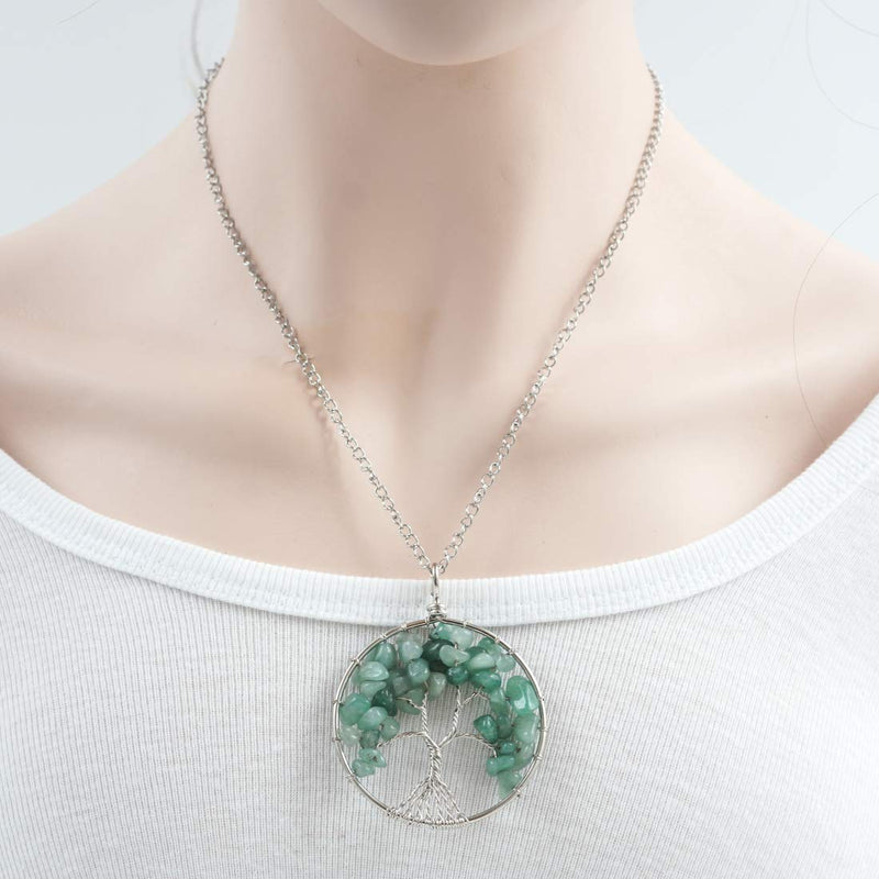 [Australia] - Tree of Life Gemstone Pendant Necklace 26 inch Healing Crystals Chakra Gem Stones Jewelry Women Girls Men Birthday Mother's Gifts Aventurine 