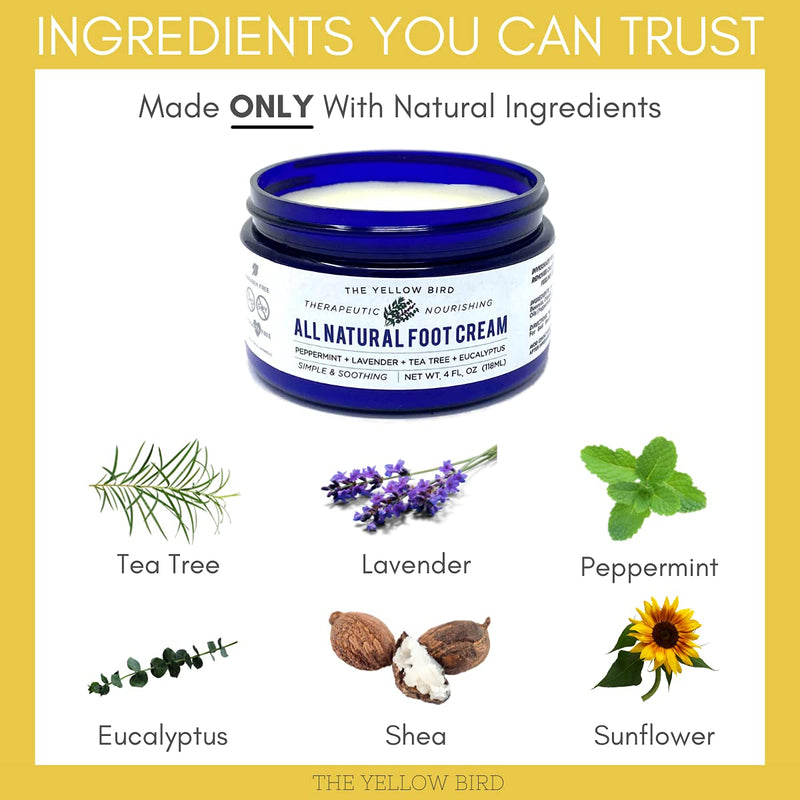 [Australia] - The Yellow Bird Natural Foot Cream - Dry Feet Balm , Cracked Heel Moisturizer, Organic Athletes Foot Repair Salve with Tea Tree Oil & Peppermint. Moisturizing Callus Care, Toenail Treatment Creme 