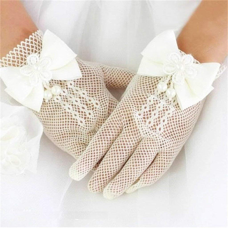 [Australia] - Flower Girl Gloves Children's Princess Dress Mesh Bowknot Gloves Stage Performance Wedding Flower Girl Pure White Thin Gloves Pearl mesh stretch gloves 