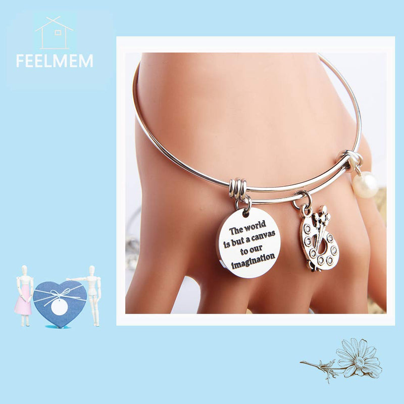 [Australia] - FEELMEM Artist Keychain Painter Gift The World is But A Canvas to Our Imagination Keychain with Paint Palette Charm Paint Jewelry Gift for Artist Bangle Bracelet 