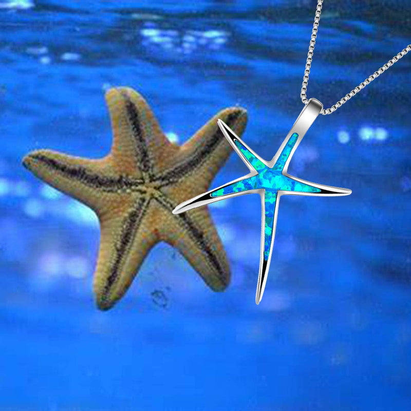 [Australia] - Sterling Silver Starfish Necklace Pendant Earrings Blue Opal White Opal or Green Opal Pendant Necklace 