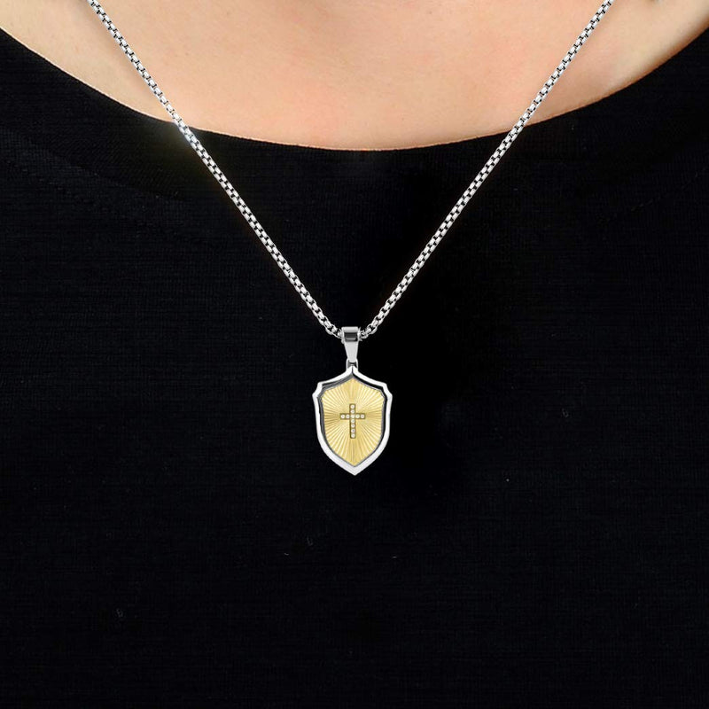 [Australia] - BUVE Cross Armor Shield 14K Gold Zircon Match Pendant Necklace With A Polished Silver CZ Cross Inlay Comes With A Stainless Steel 26 IN Rolo chain 