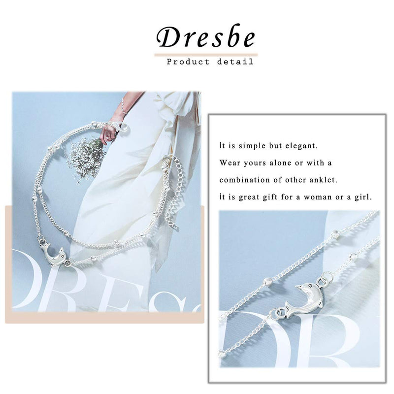 [Australia] - Dresbe Boho Beach Dolphin Anklet Silver Layered Anklets Beaded Ankle Bracelet Animal Foot Jewelry Chain for Women and Girls 