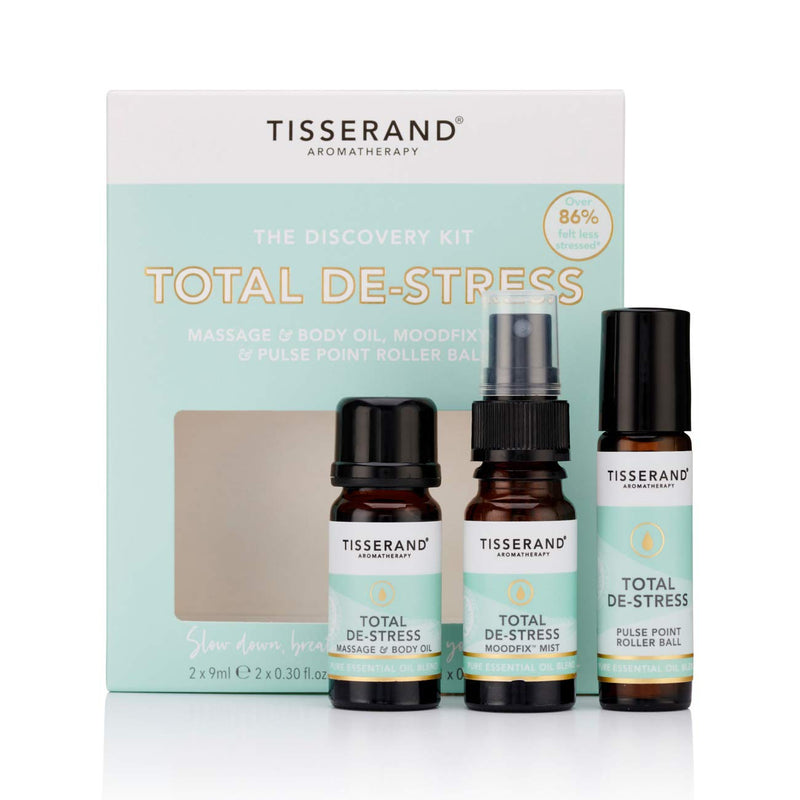 [Australia] - Tisserand Aromatherapy - Total De-Stress Discovery Kit - Roller Ball, Massage & Body Oil & MoodFix Mist - 100% Natural Pure Essential Oils - 2x9ml, 1x10ml 