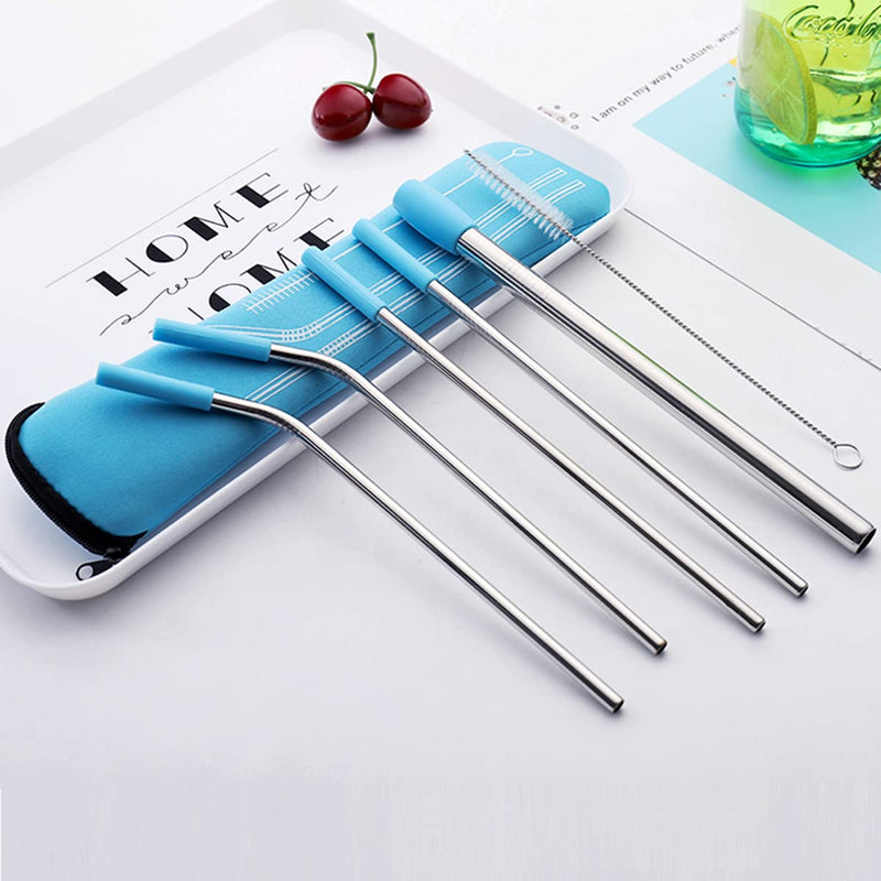 [Australia] - Uoking Metal Straw, 5 Pack Stainless Steel Straws Friendly Drinking Reusable Straw with Silicone Tips Cover & 1 Cleaning Brushes (Blue) Blue 