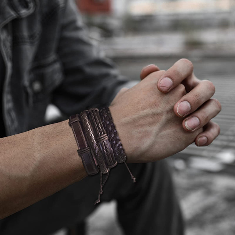 [Australia] - CASDAN 27Pcs Braided Leather Bracelets for Men Women Wooden Beaded Cuff Wrap Bracelet Set Wood Ethnic Tribal Bracelets Adjustable Black and Brown A:Woven Bracelet 