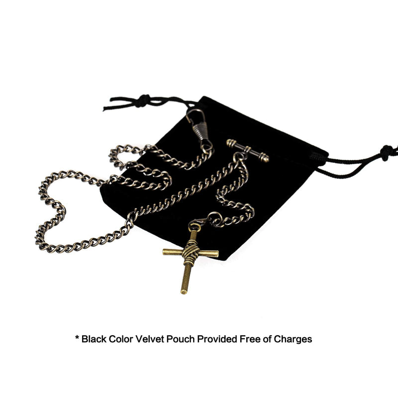 [Australia] - TREEWETO Men's Albert Chain Pocket Watch Curb Link Key Chain 2 Hooks with Antique Cross Pendant Design Charm Fob T Bar Bronze 