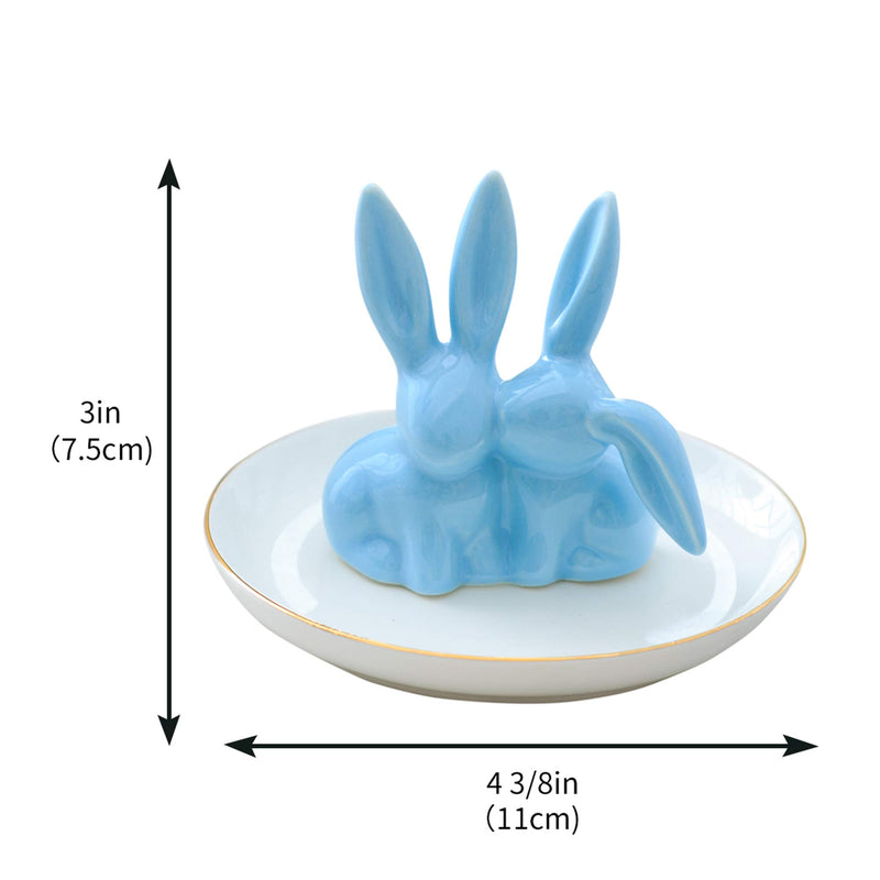 [Australia] - Vellarr Adorable Bunny Ring Holder Jewelry Tower Ceramic Dish Plate Jewel Display Organizer Trinket Tray, Lovely Rabbit (Blue) Blue 