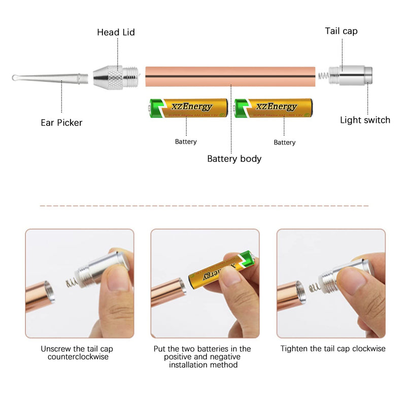 [Australia] - POTENTCERA 9Pcs Earwax Removal Tool, Earwax Removal Kit, Premium Ear Wax Remover for Kids Adults, Upgraded Stainless Ear Pick Set with Light, Rose Gold Spring Ear Wax Cleaner Tool Set 