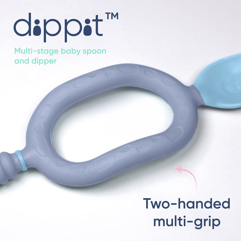 [Australia] - Bibado - Dippit Multi-Stage Self Feeding BPA Free Baby Spoons and Dipper, 2-Handed Multi-Grip Baby Led Weaning Spoons, baby spoons self feeding 6 months and Up, Infant Spoons, Mint and Blue, Pack of 2 