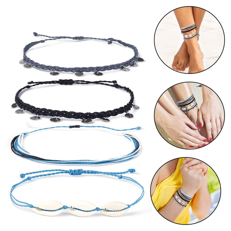 [Australia] - ISWAKI 4 Pcs Ankle Bracelets Braided Shell Feet Rope Coin Adjustable String Boho Bohemia Anklets Foot Cord Beach Jewelry for Women Girls Black 