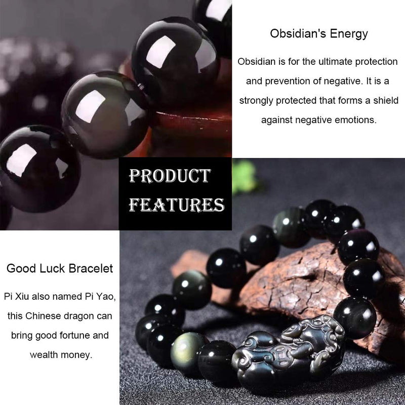 [Australia] - LIYAPEI Black Obsidian Bracelet, 12mm Feng Shui Black Obsidian Wealth Bracelet for Men Women Attract Wealth Money Adjustable Elastic Natural Obsidian Stone Bead Bracelet 