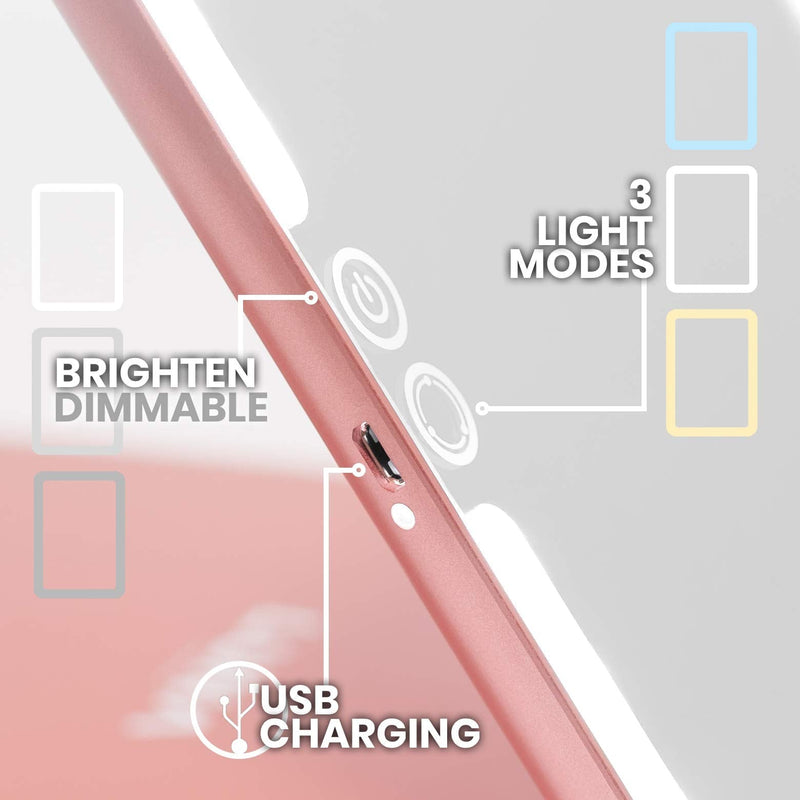 [Australia] - LUNA London Eclipse LED Lighted Travel Vanity Makeup Mirror | 3 Colour Light, Compact, Portable, Lighted, Rechargeable, Illuminated Mirror | Perfect for Travel, Makeup & Beauty Needs | Rose Gold 
