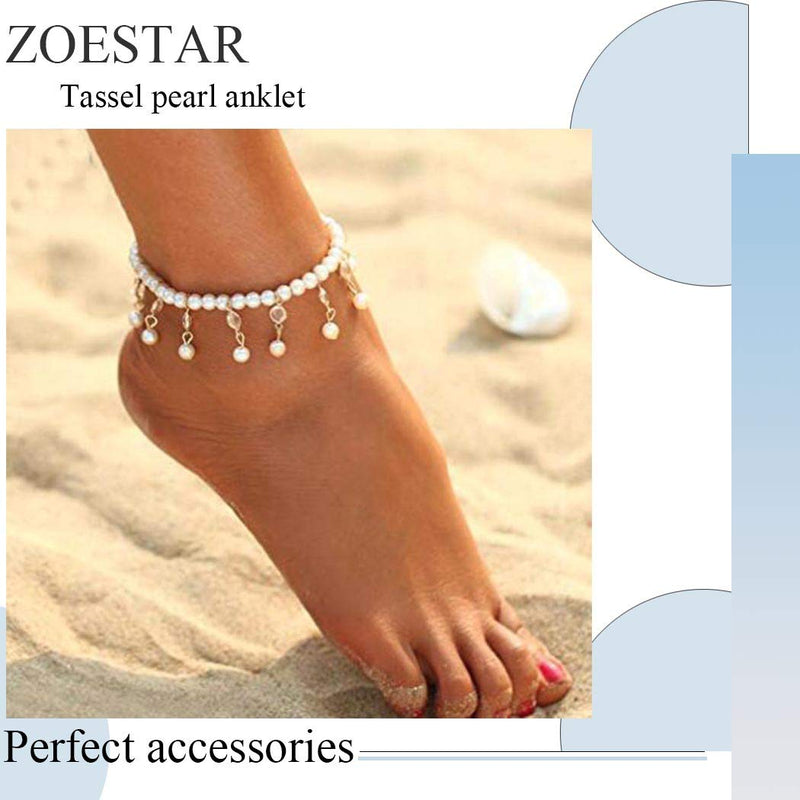 [Australia] - Zoestar Boho Tassel Pearl Anklet Bracelet Gold Crystal Foot Accessories Jewelry for Women and Girls 1PC 