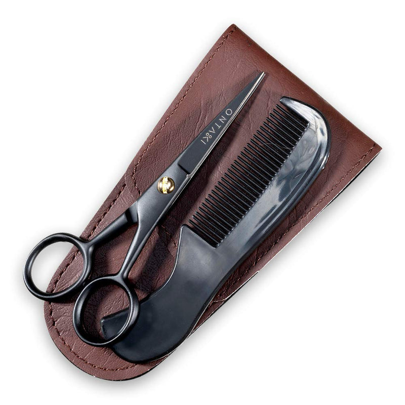 [Australia] - ONTAKI Beard Moustache Scissors 5" Professional German Steel with Comb Carrying Pouch Mustache Trimming - Hand Forged Bevel Edge Precision Men Facial Hair Grooming Kit All Body Hair Black 