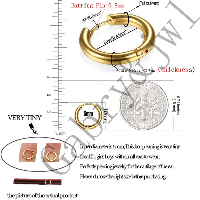 [Australia] - 316L Surgical Stainless Steel Huggie Hoop Earrings 6mm/8mm/10mm/11mm/12mm/14mm Hypoallergenic Earrings Hoop Cartilage Helix Lobes Hinged Sleeper Earrings For Men Women Gilrs Boys A01:6mm Gold(2Pcs) 