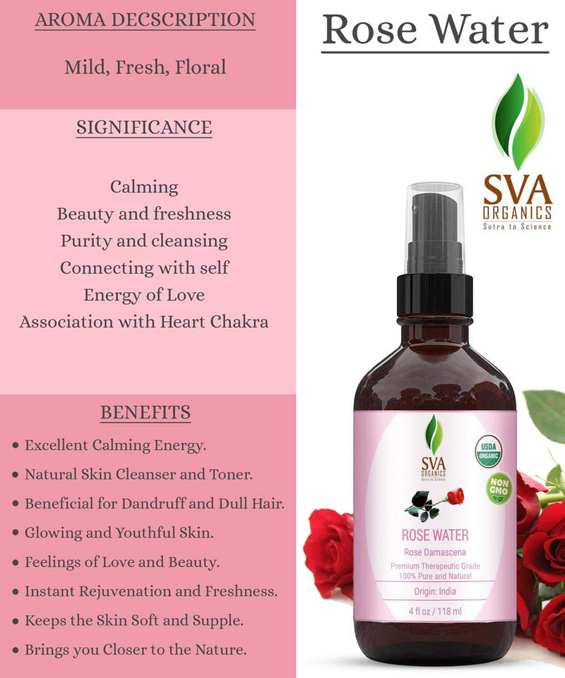 [Australia] - USDA Certified Organic Rose Water Facial Toner (118 ml) 4 Oz - 100% Pure Natural, Unrefined by SVA Organics | Aromatherapy Reduce Dark Circles, Pores, Wrinkle, Moisturizer, Skin Care 