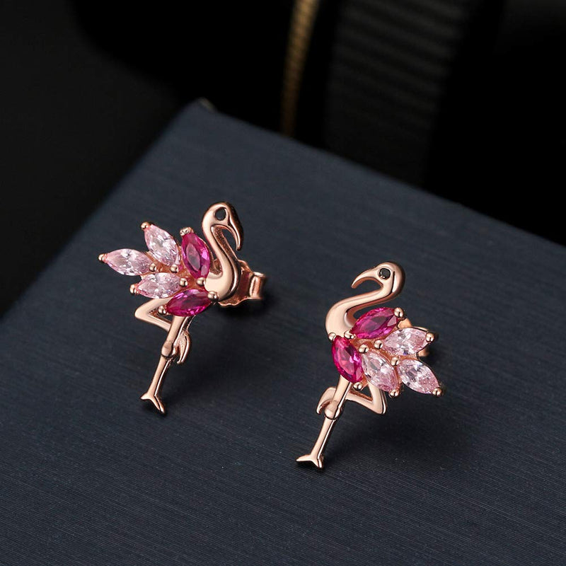 [Australia] - Pink Flamingo Bird Shape Rose Over Sterling Silver Pink CZ Stud Earrings Pendant Necklace for Women Girls Teens by Ginger Lyne Set 