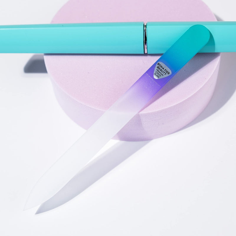 [Australia] - Glass Nail File with Case, Czech Glass Fingernail Files, Manicure Nail File for Natural Nails, Expert Precision Filing + Smooth Finish - Bona Fide Beauty Pastel Premium Nail Filer Pastel Aqua/Violet 