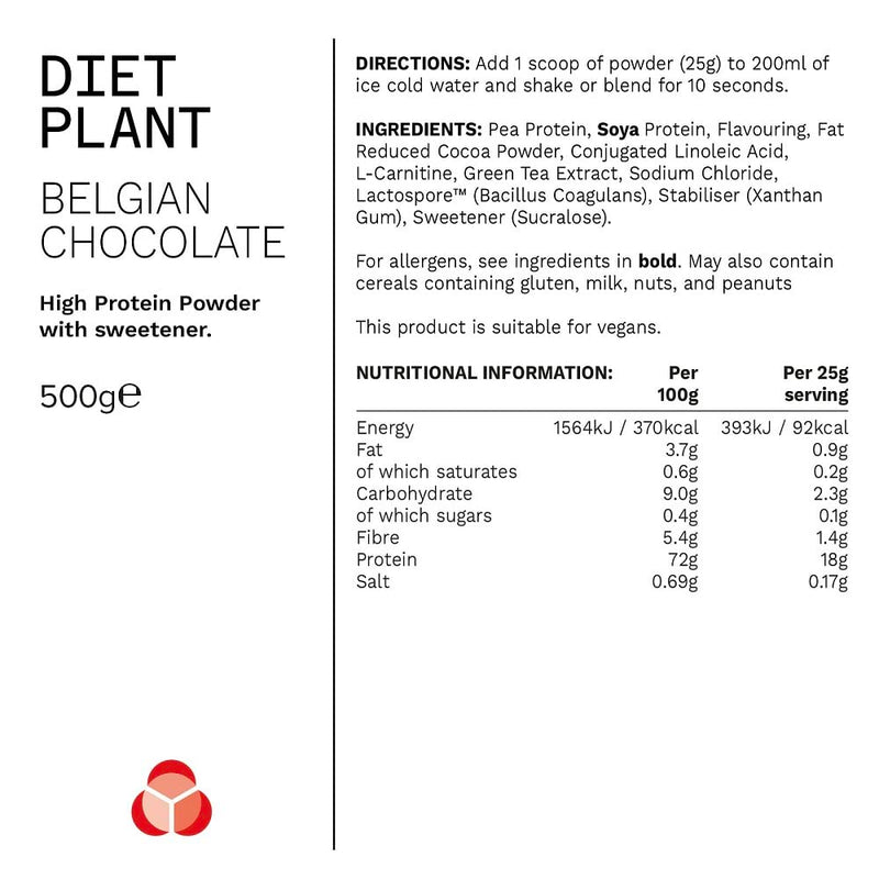 [Australia] - PhD Diet Plant, low sugar Vegan Protein Powder - Belgian Chocolate Flavour - 500g, 20 Servings - 100% recyclable packaging- vegan society approved with added probiotics 