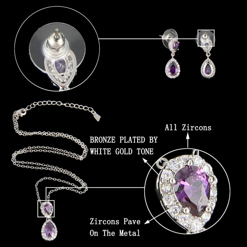 [Australia] - EVER FAITH Prong CZ Wedding 2 Tear Drop Necklace Earrings Set Silver-Tone Purple 