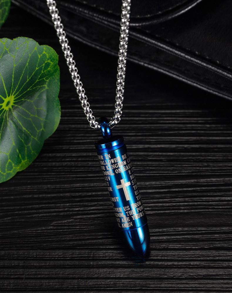 [Australia] - Engraved English Lord's Prayer Stainless Steel Cross Urn Ash Memorial Bullet Bible Pendant Necklace for Women Men Boys Girls Easter Christmas Birthday(Blue) 