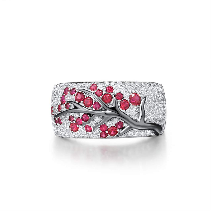 [Australia] - Santuzza 925 Sterling Silver Cherry Tree Ring White Cubic Zirconia Branches Ring Fashion Jewelry for Women (Created Ruby/Green Spinel) Created Ruby 5.5 