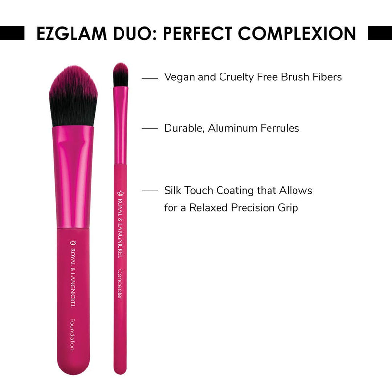 [Australia] - MODA Travel Size EZGlam Duo Perfect Complexion 2pc Makeup Brush Set Includes - Foundation and Concealer, Pink 