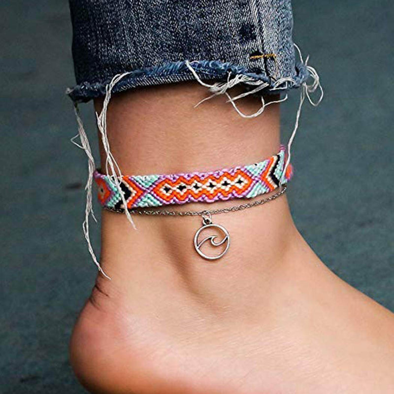 [Australia] - Yokawe Boho Layered Ankle Bracelets Braided String Woven Friendship Silver Anklet Adjustable Handmade Thread Foot Chain Jewelry for Women and Teen Girls(2pcs) (Red) Red 
