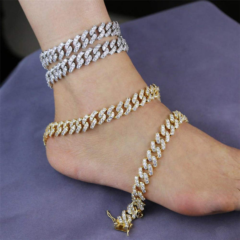 [Australia] - kelistom 18K Gold/White Gold Plated Cuban Link Iced Out Two Line Rhinestones Filled Chain Anklet for Women Teen Girls Men, 12MM Wide Punk Hip-hop Ankle Bracelet, 9" 10" 11" white 10.0 Inches 