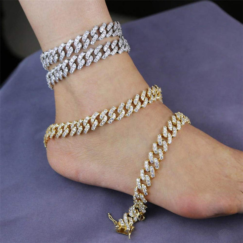 [Australia] - 12mm Wide Cuban Link Iced Out Rhinestone Filled Chain Anklet, 18K Gold / White Gold Plated Punk Hip-hop Ankle Bracelets for Women, Length 10”, Weight 46g 
