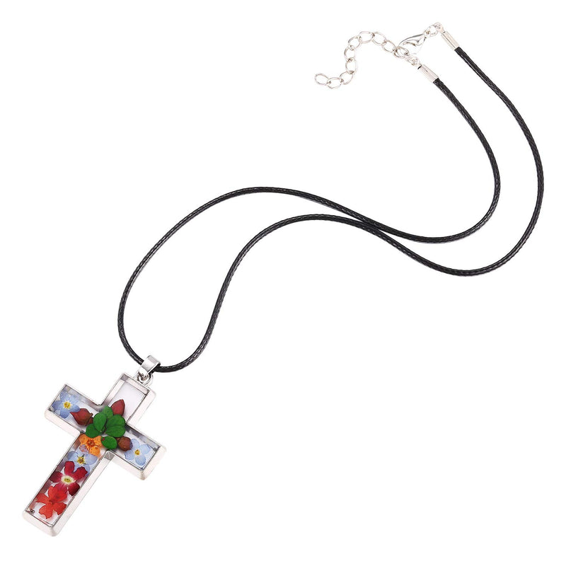 [Australia] - FM FM42 Multi-Colored Pressed Flower Cross Pendant Necklace with 19" Chain, 2 Styles Multicolor 